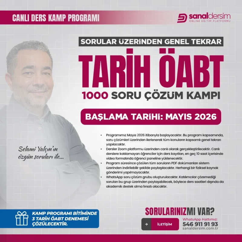 Tarih ÖABT 2026 - Genel Tekrar Soru Çözüm Kampı – Selami Yalçın - Mayıs 2026 (1.000 Soru Olarak Güncellenmiştir)